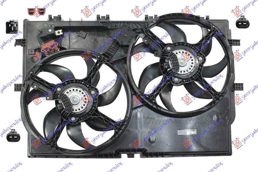 COOLING FAN ASSY (DOUBLE) 3.0 PETROL - 2.0-2.3-3.0 DIESEL +A/C (390mm+390mm) (2+2 pins) (2 OVAL PLUGS)