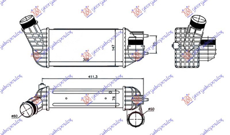 RADIATOR INTERCOOLER 2.0 HDI DIESEL (300x147x76) DIAMETER 60/60