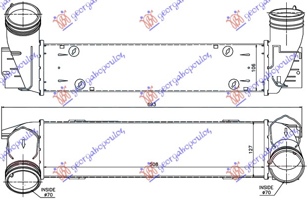 ΨΥΓΕΙΟ INTERCOOLER 2.0 ΠΕΤΡΕΛΑΙΟ (510x130x105) ΚΟΛΑΡΑ Φ 70/70