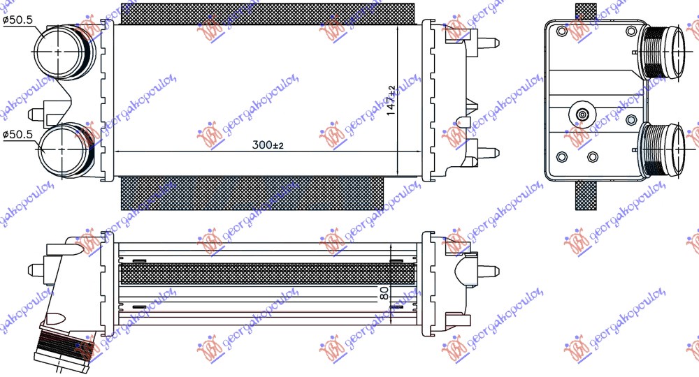 ΨΥΓΕΙΟ INTERCOOLER 1.5-1.6 TDCi ΠΑΡΟΧΕΣ ΙΣΙΕΣ Φ50.5 (300x147x80)