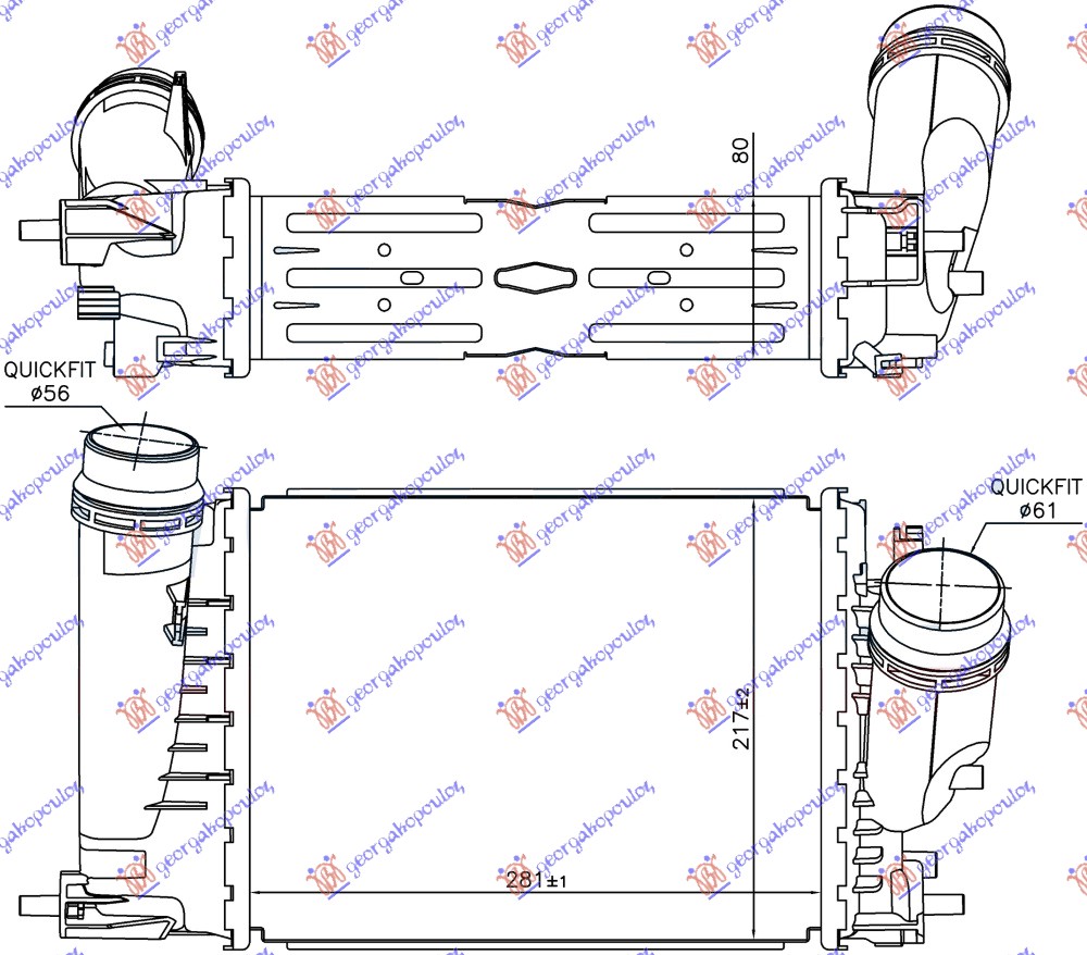 ΨΥΓΕΙΟ INTERCOOLER 1.6-1.8 TCE ΒΕΝΖΙΝΗ /1.6 DCI ΠΕΤΡΕΛΑΙΟ AYTOMATO (281x217x80)